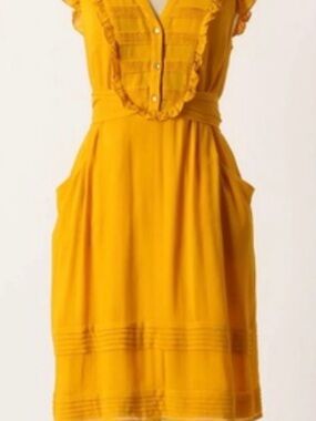 Anthropologie Odille Mustard Yellow Ruffle-Front Midi Dress